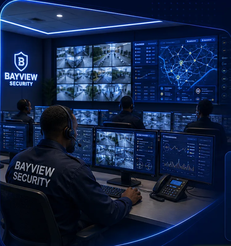 Bayview Security command center with surveillance screens and monitoring personnel.