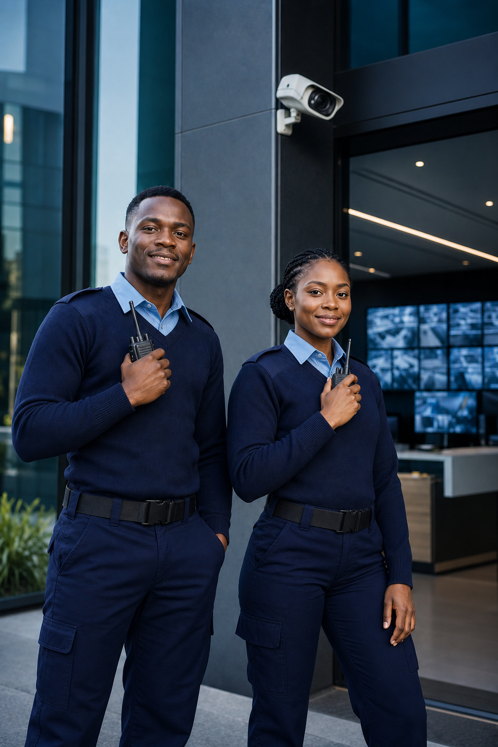 African security officers with walkie-talkies standing beneath a CCTV camera at a modern security facility.